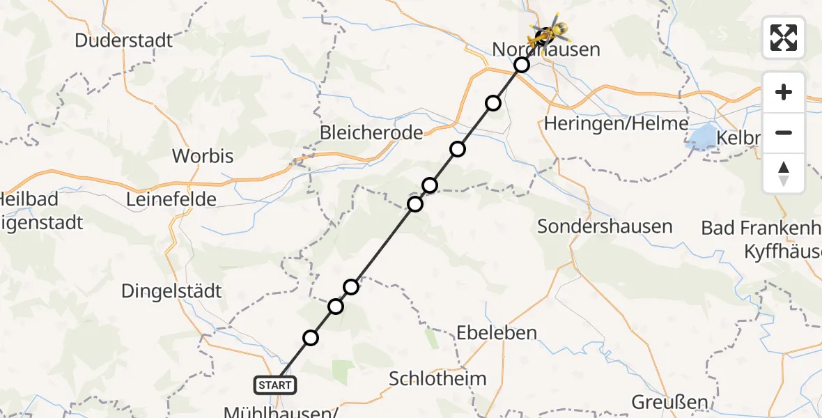 Flugroute Rettungshubschrauber Unstruttal - Südharz Hospital Nordhausen, 01 Juli 2026, 16:30