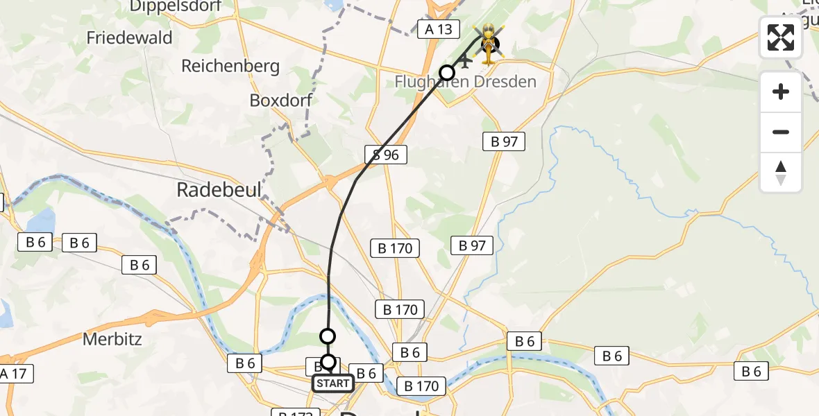 Flugroute Rettungshubschrauber Dresden Friedrichstadt Hospital - Dresden Flughafen, 01 Juli 2026, 16:34