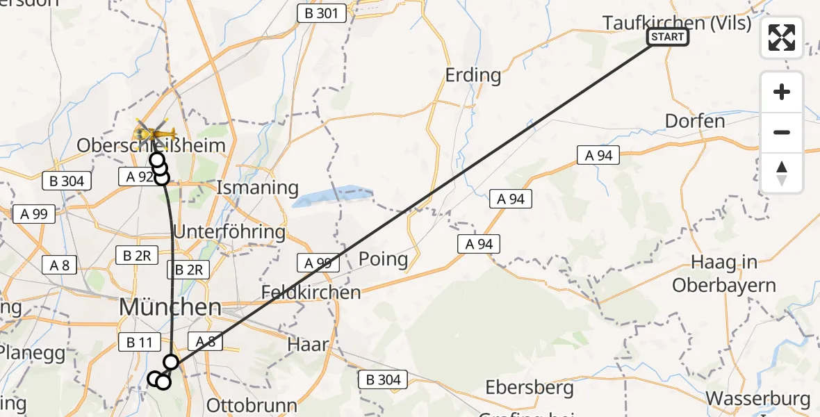 Flugroute Rettungshubschrauber Taufkirchen (Vils) - Oberschleißheim, 01 Juli 2026, 16:37