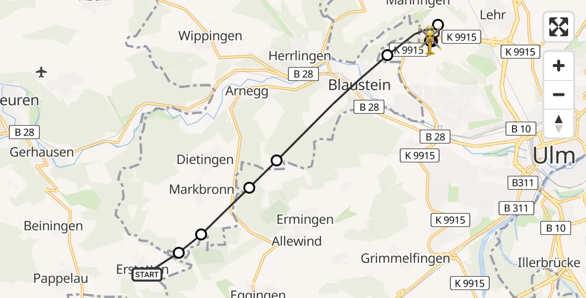 Flugroute Rettungshubschrauber Blaubeuren - ADAC Air Rescue Station Ulm (Christoph 22), 01 Juli 2026, 16:49
