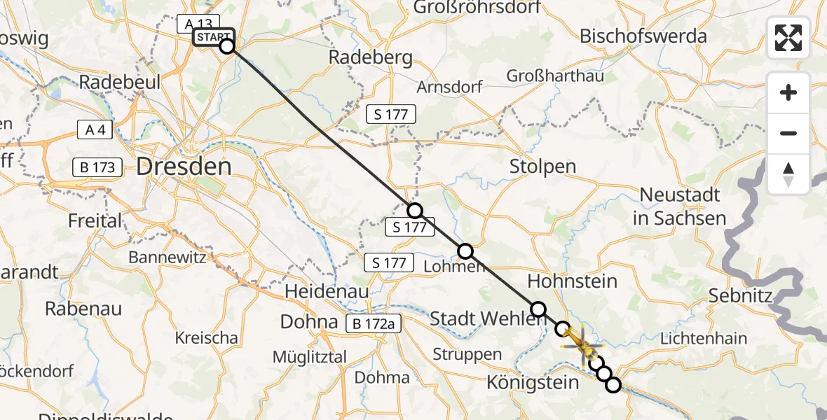 Flugroute Rettungshubschrauber Dresden Flughafen - Bad Schandau, 01 Juli 2026, 16:49