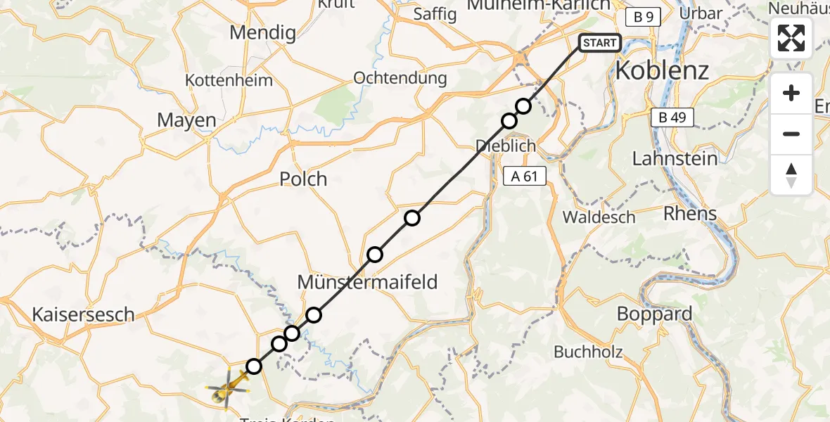 Flugroute Rettungshubschrauber Koblenz - Brieden, 01 Juli 2026, 16:49
