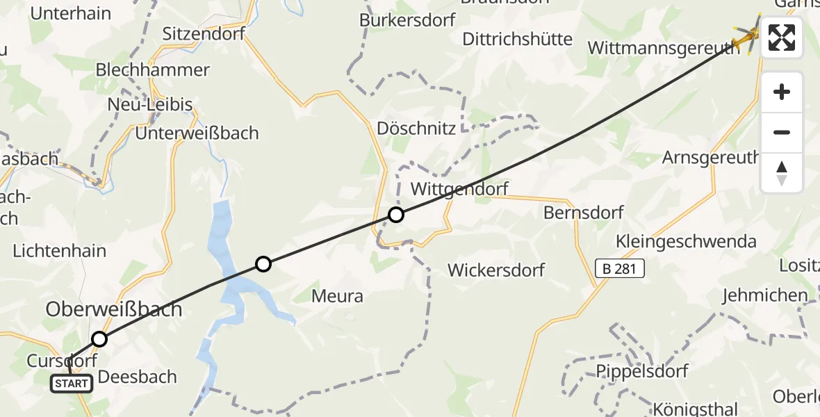 Flugroute Rettungshubschrauber Cursdorf - Saalfeld/Saale, 01 Juli 2026, 16:49
