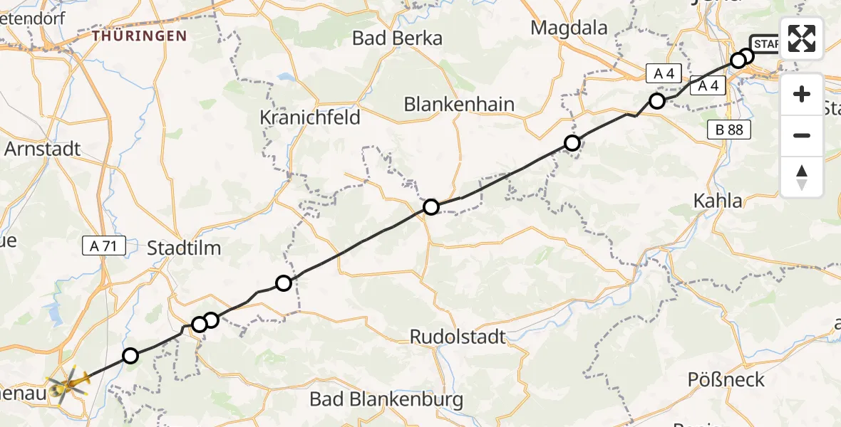 Flugroute Rettungshubschrauber Jena - Ilmenau, 01 Juli 2026, 16:53