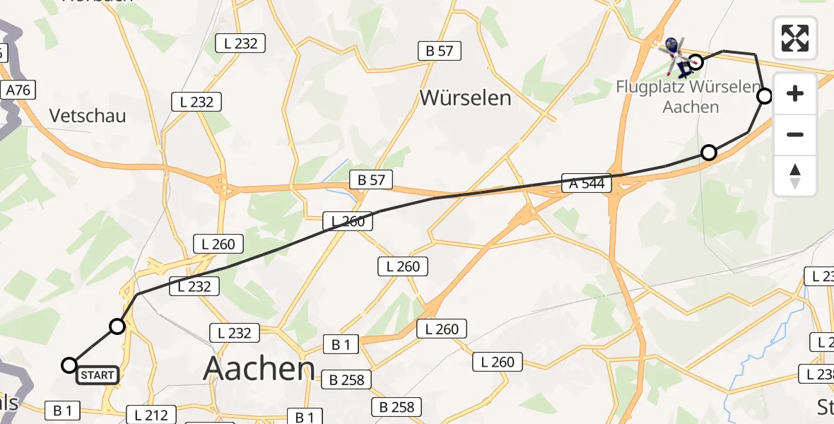 Flugroute Polizeihubschrauber Aachen Hospital - Aachen-Merzbrück Flughafen, 01 Juli 2026, 16:59