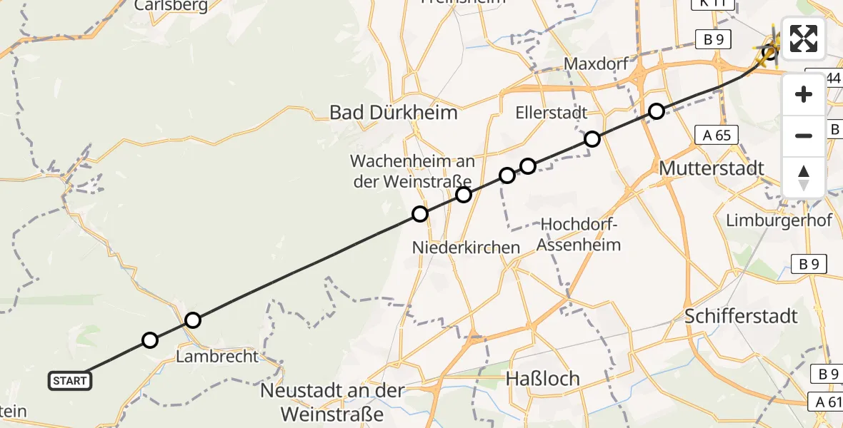 Flugroute Rettungshubschrauber Esthal - Ludwigshafen Accident Hospital, 01 Juli 2026, 17:02