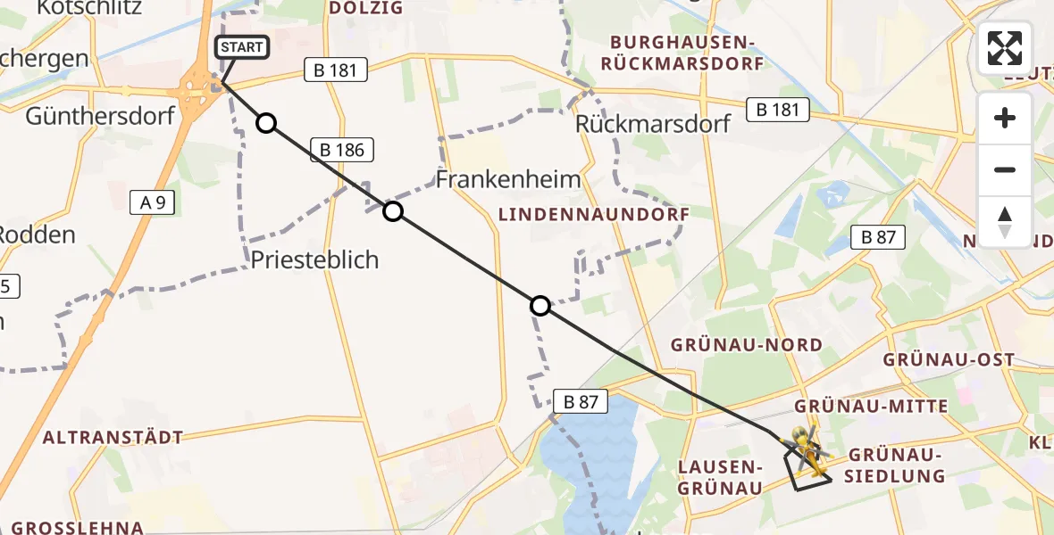 Flugroute Rettungshubschrauber ADAC Air Rescue Station Leipzig/Schkeuditz-Dölzig Hubschrauberlandeplatz (Christoph 61) - Leipzig, 01 Juli 2026, 17:05
