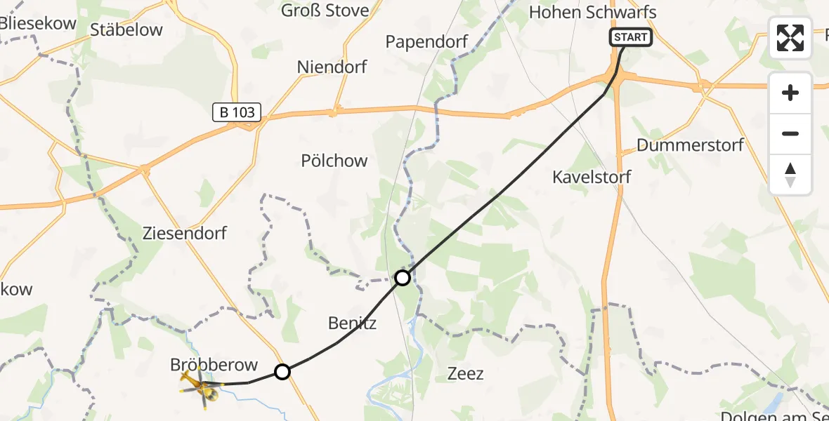 Flugroute Ambulanzhubschrauber Dummerstorf - Bröbberow, 01 Juli 2026, 17:15