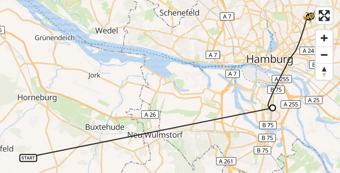 Flugroute Rettungshubschrauber Harsefeld - Hamburg Military Hospital, 01 Juli 2026, 17:16