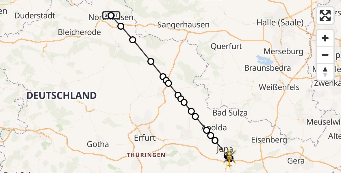 Flugroute Rettungshubschrauber Südharz Hospital Nordhausen - Jena University Hospital, 01 Juli 2026, 17:21