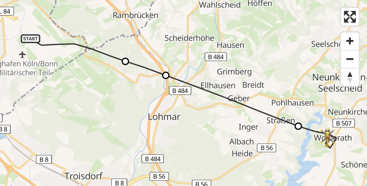 Flugroute Ambulanzhubschrauber Köln Bonn Flughafen - Neunkirchen-Seelscheid, 01 Juli 2026, 17:22