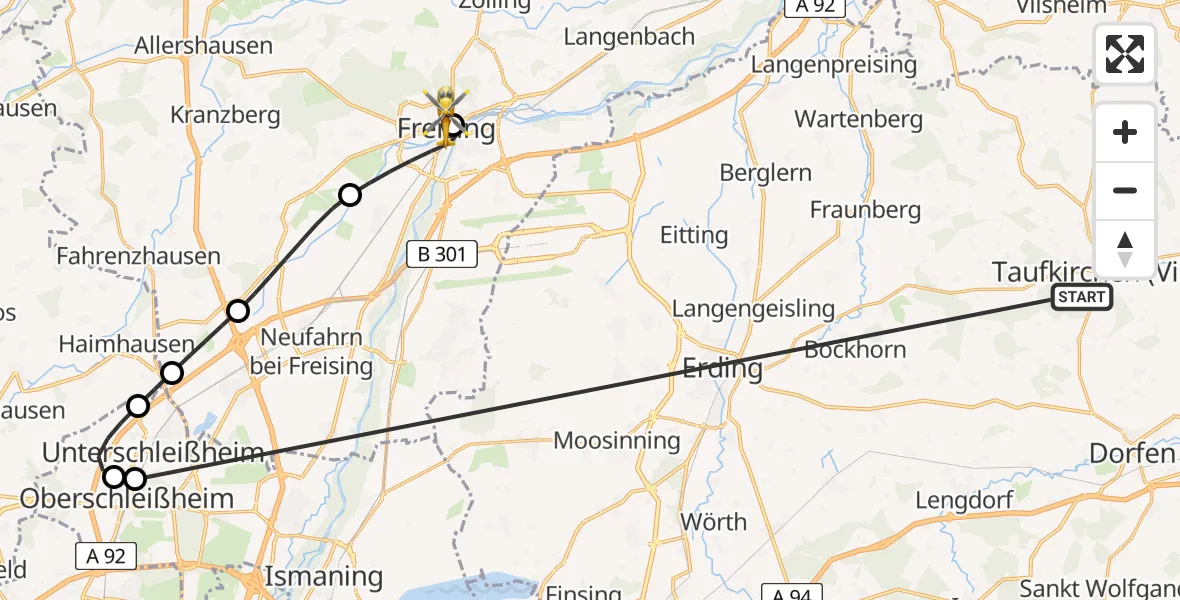 Flugroute Rettungshubschrauber Taufkirchen (Vils) - Freising Clinic Hubschrauberlandeplatz, 01 Juli 2026, 17:23