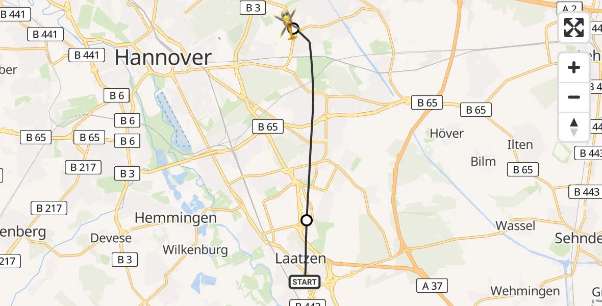 Flugroute Rettungshubschrauber Laatzen - Hannover Luftrettung Hubschrauberlandeplatz (Christoph 4), 01 Juli 2026, 17:25