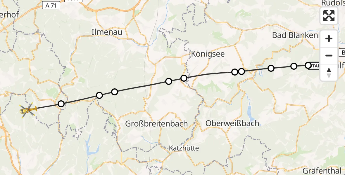 Flugroute Rettungshubschrauber Saalfeld/Saale - Suhl, 01 Juli 2026, 17:28
