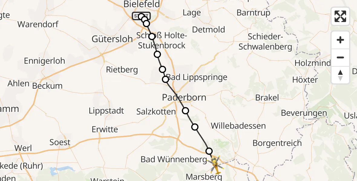 Flugroute Rettungshubschrauber Luftrettungszentrum Bielefeld - Marsberg, 01 Juli 2026, 17:29
