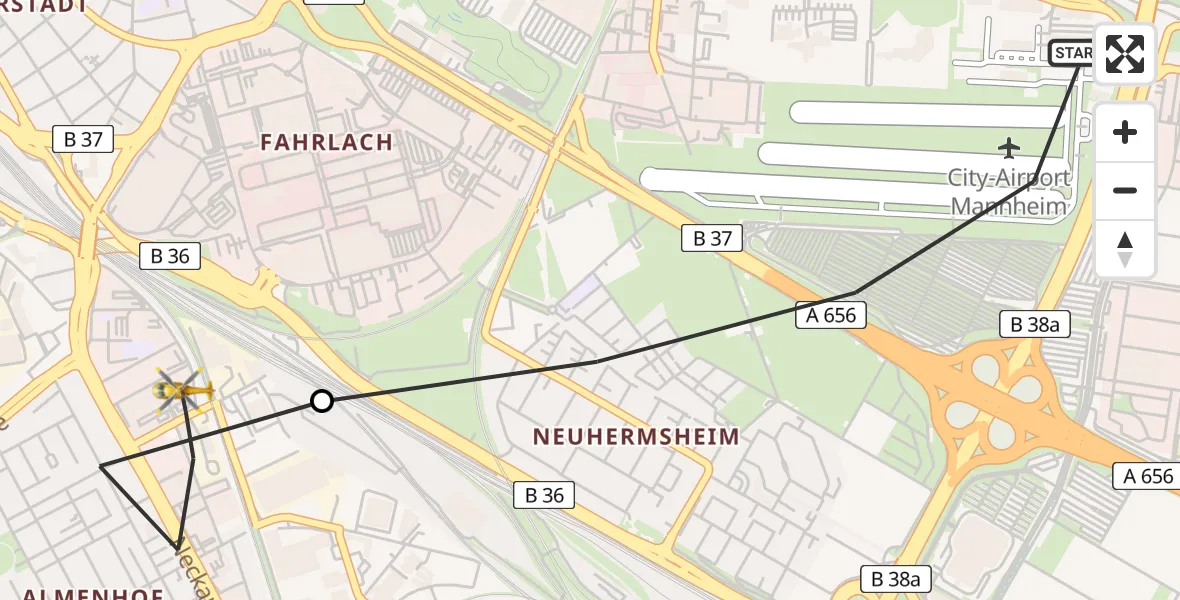 Flugroute Rettungshubschrauber Mannheim-City Flughafen - Mannheim, 01 Juli 2026, 17:34
