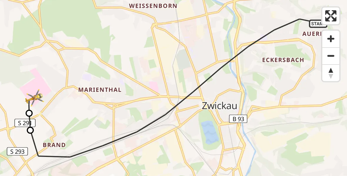 Flugroute Rettungshubschrauber Zwickau - ADAC Air Rescue Station Zwickau Hubschrauberlandeplatz, 01 Juli 2026, 17:38