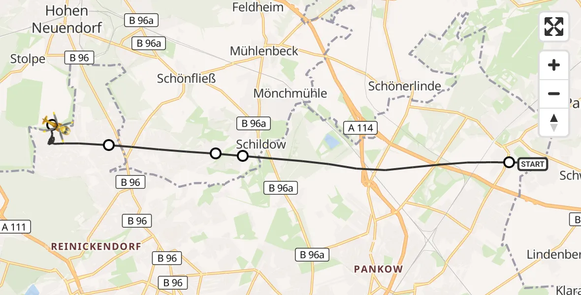 Flugroute Rettungshubschrauber Helios Clinic Berlin-Buch - Hohen Neuendorf, 01 Juli 2026, 17:41
