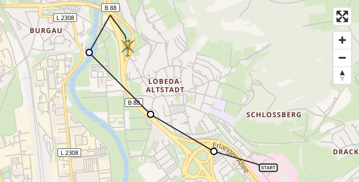 Flugroute Rettungshubschrauber Jena University Hospital - Lobeda Hubschrauberlandeplatz, 01 Juli 2026, 17:49