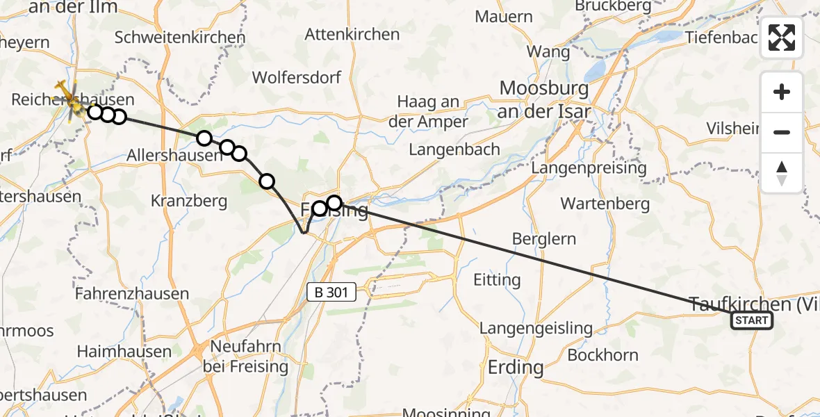 Flugroute Rettungshubschrauber Taufkirchen (Vils) - Reichertshausen, 01 Juli 2026, 17:49