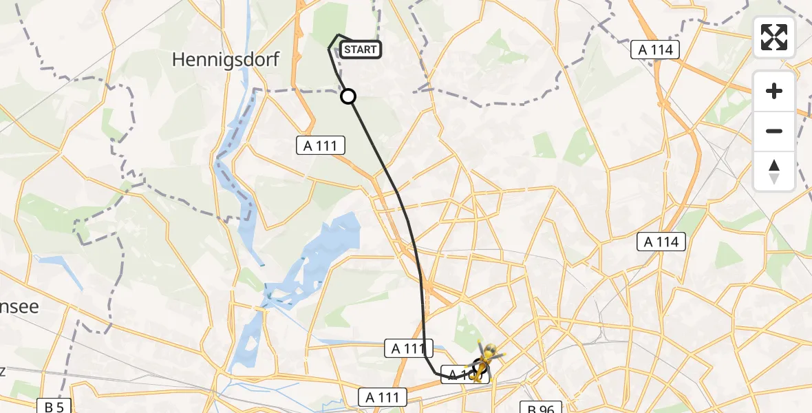 Flugroute Rettungshubschrauber Hohen Neuendorf - Charité Clinic Virchow Campus Hubschrauberlandeplatz, 01 Juli 2026, 17:56