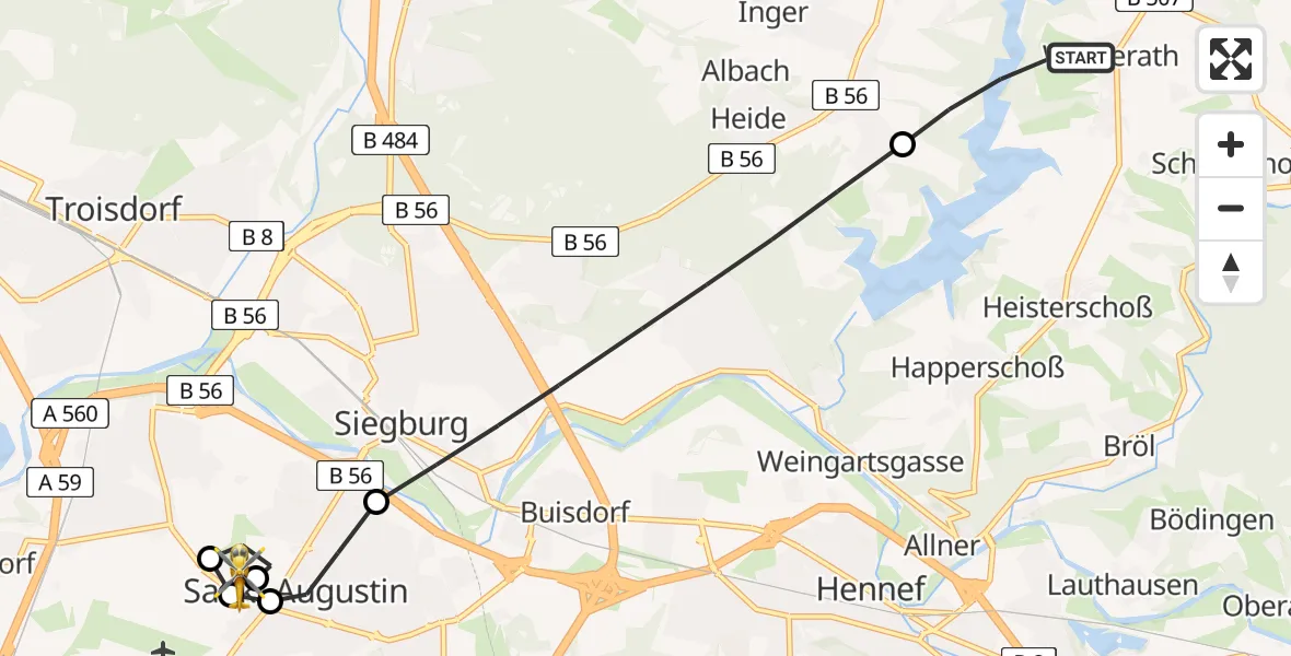 Flugroute Ambulanzhubschrauber Neunkirchen-Seelscheid - Asklepios Children's Clinic Sankt Augustin, 01 Juli 2026, 17:59