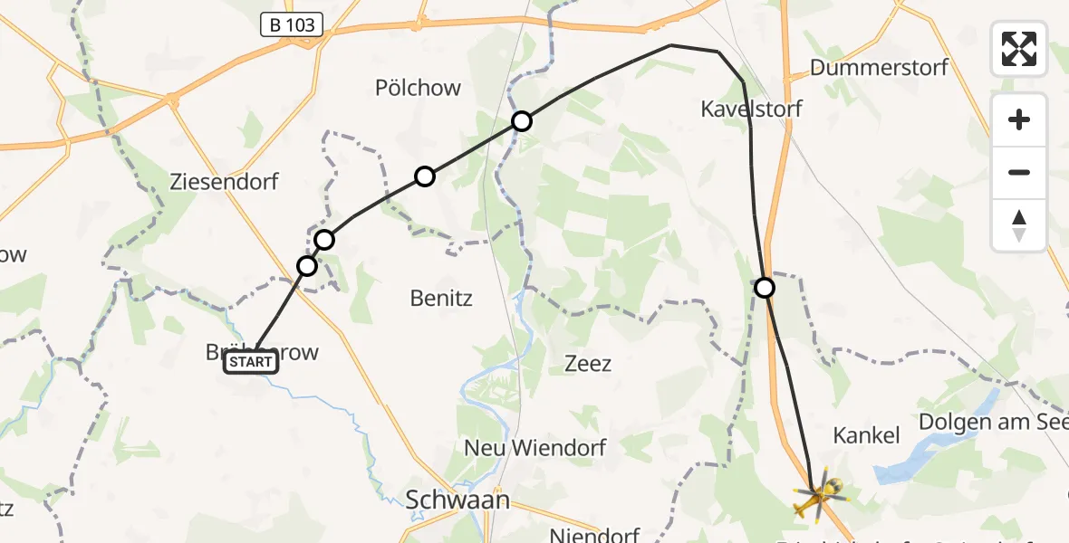 Flugroute Ambulanzhubschrauber Bröbberow - Dolgen am See, 01 Juli 2026, 17:59