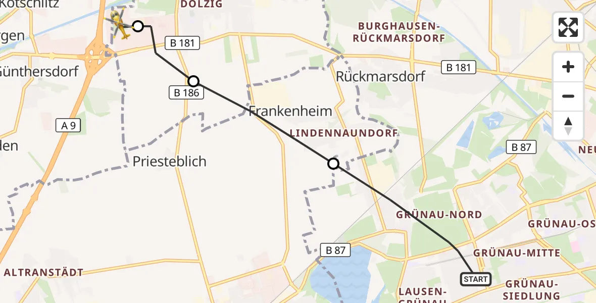 Flugroute Rettungshubschrauber Leipzig - ADAC Air Rescue Station Leipzig/Schkeuditz-Dölzig Hubschrauberlandeplatz (Christoph 61), 01 Juli 2026, 18:00