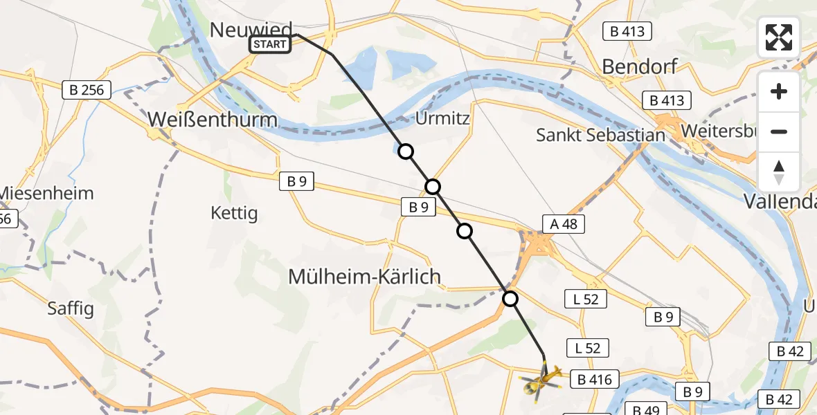 Flugroute Rettungshubschrauber Neuwied - Koblenz, 01 Juli 2026, 18:02