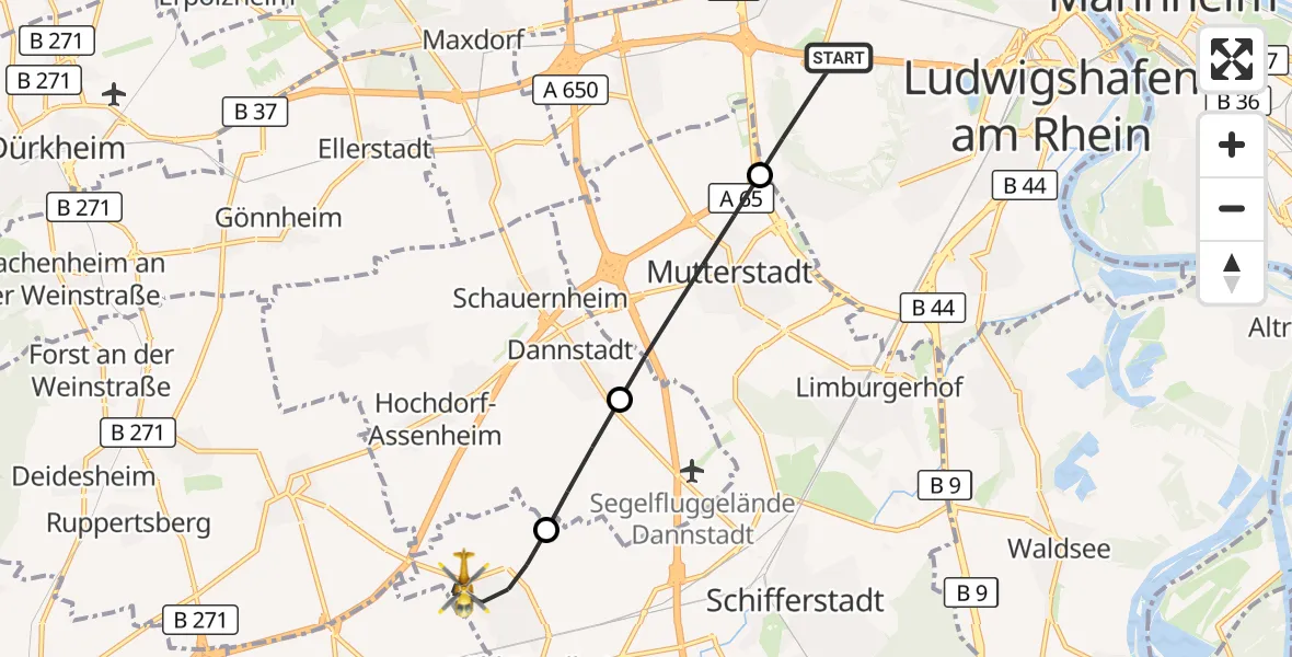 Flugroute Rettungshubschrauber Ludwigshafen am Rhein - Böhl-Iggelheim, 01 Juli 2026, 18:04