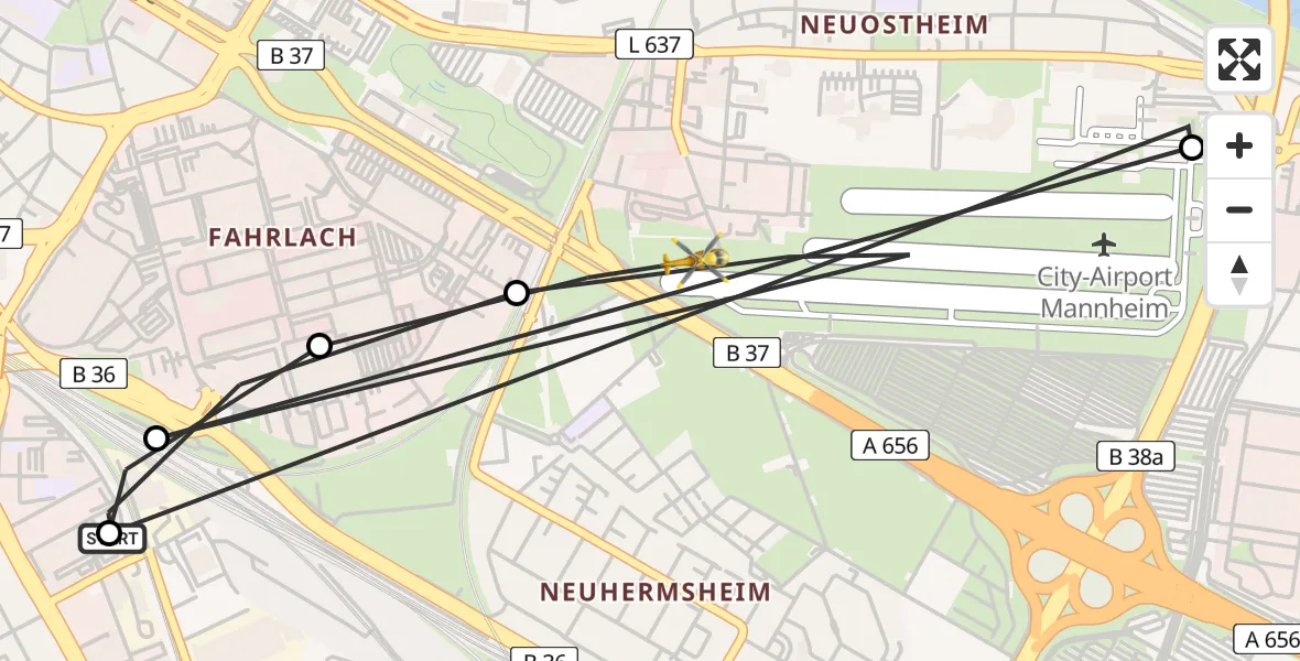 Flugroute Rettungshubschrauber Mannheim - Mannheim-City Flughafen, 01 Juli 2026, 18:11