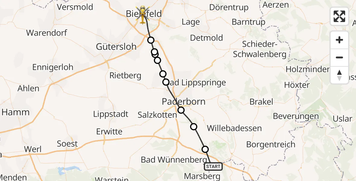 Flugroute Rettungshubschrauber Marsberg - Bielefeld, 01 Juli 2026, 18:14