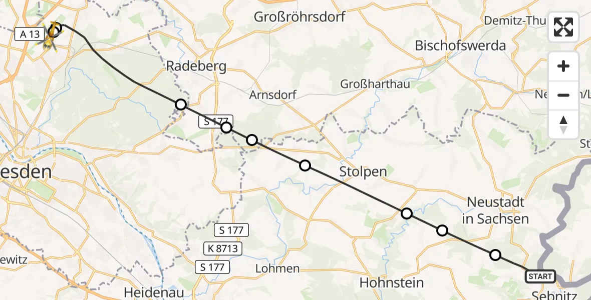 Flugroute Rettungshubschrauber Sebnitz - Dresden Bundespolizei Hubschrauberlandeplatz, 01 Juli 2026, 18:14