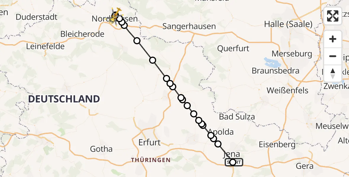 Flugroute Rettungshubschrauber Lobeda Hubschrauberlandeplatz - Südharz Hospital Nordhausen, 01 Juli 2026, 18:17