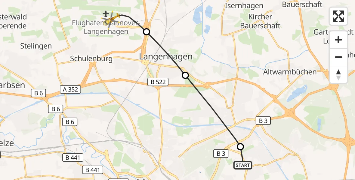 Flugroute Rettungshubschrauber Hannover Luftrettung Hubschrauberlandeplatz (Christoph 4) - Flughafen Hannover, 01 Juli 2026, 18:19