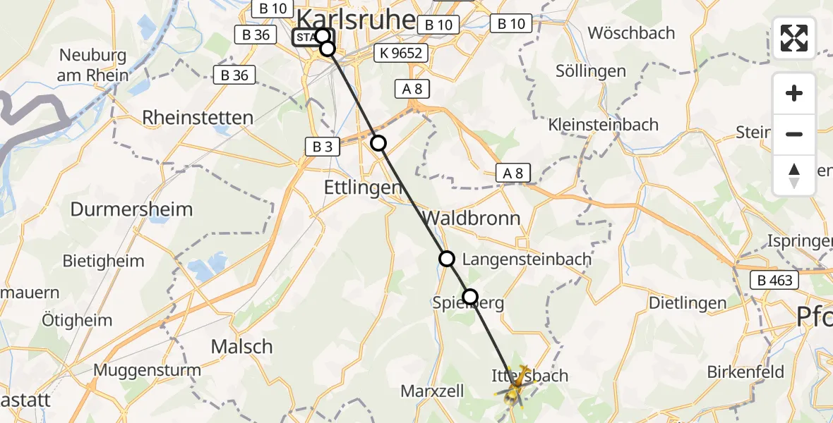 Flugroute Ambulanzhubschrauber Sankt Vincentius Hospital - Karlsbad, 01 Juli 2026, 18:24