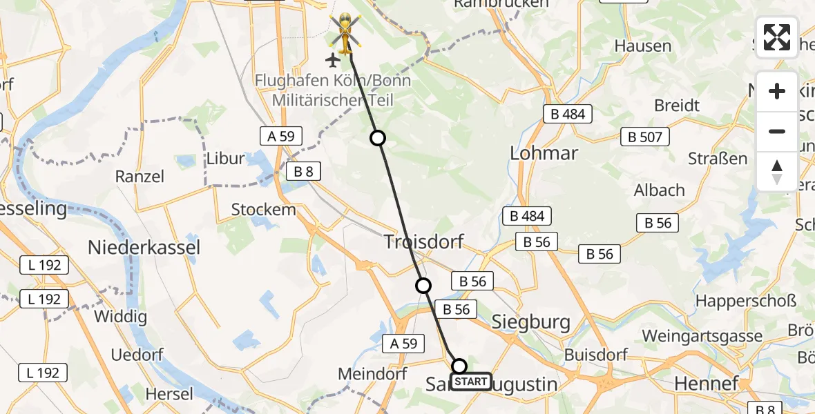 Flugroute Ambulanzhubschrauber Asklepios Children's Clinic Sankt Augustin - Köln Bonn Flughafen, 01 Juli 2026, 18:28