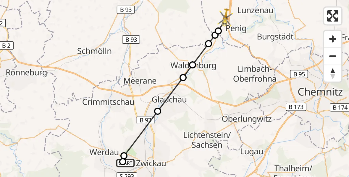 Flugroute Rettungshubschrauber ADAC Air Rescue Station Zwickau Hubschrauberlandeplatz - Penig, 01 Juli 2026, 18:30