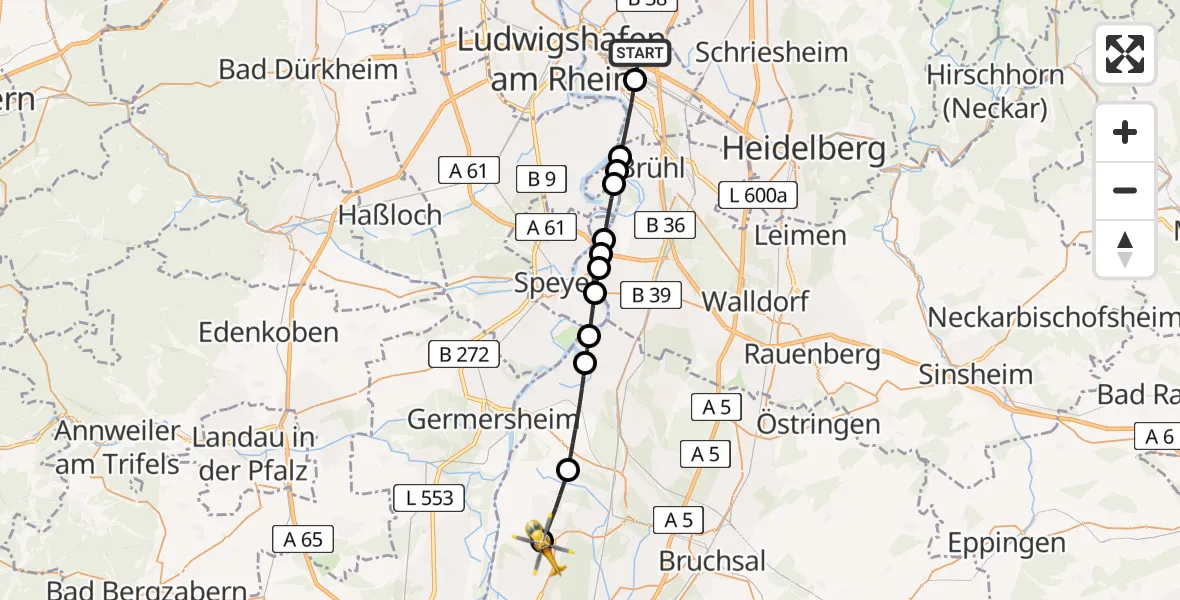Flugroute Rettungshubschrauber Mannheim-City Flughafen - Linkenheim-Hochstetten, 01 Juli 2026, 18:31