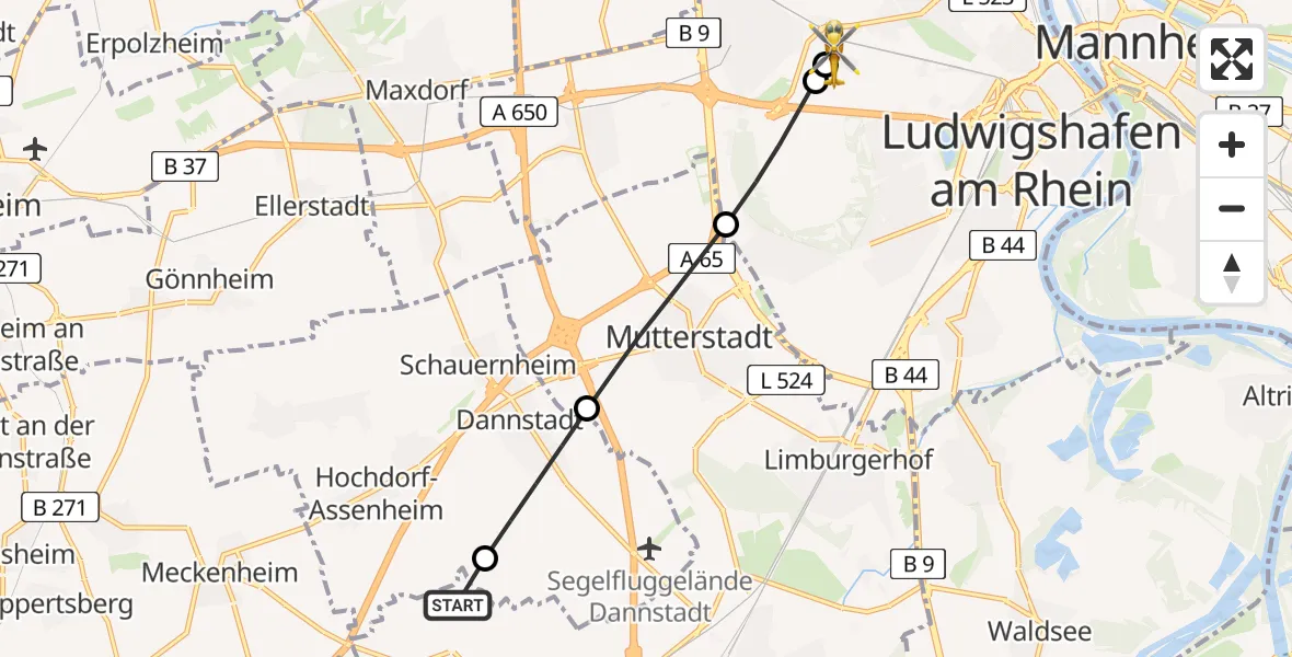 Flugroute Rettungshubschrauber Böhl-Iggelheim - Ludwigshafen Accident Hospital, 01 Juli 2026, 18:33
