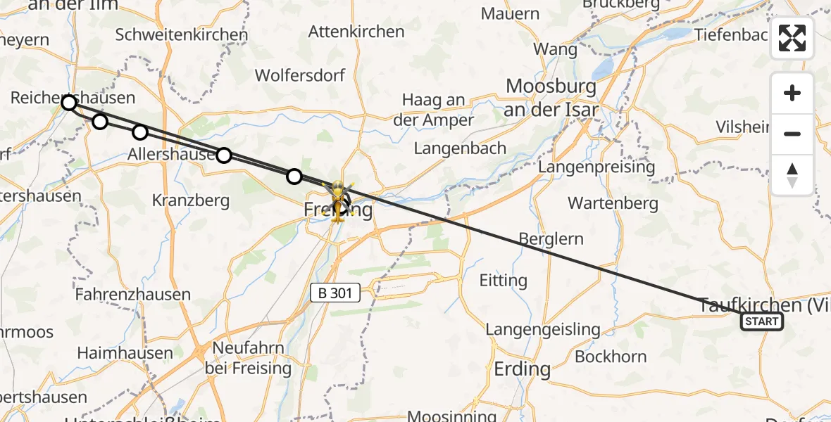 Flugroute Rettungshubschrauber Taufkirchen (Vils) - Freising Clinic Hubschrauberlandeplatz, 01 Juli 2026, 18:34