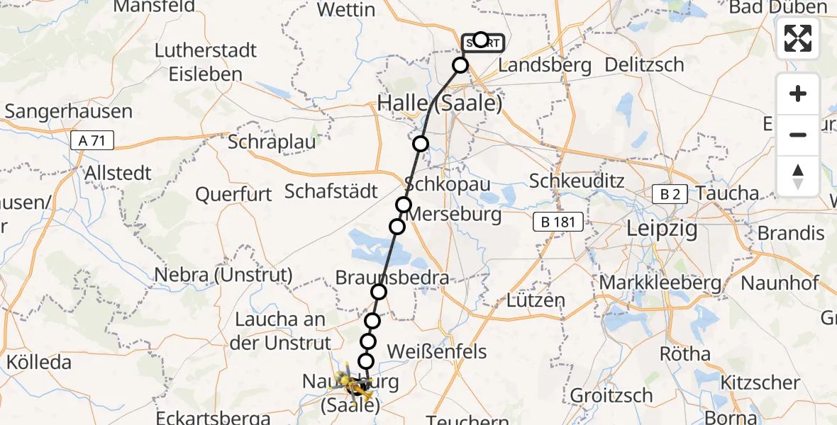 Flugroute Rettungshubschrauber Halle-Oppin Flugplatz - Naumburg Hospital, 01 Juli 2026, 18:35