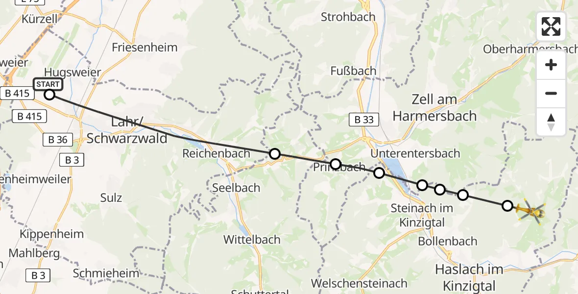 Flugroute Rettungshubschrauber Lahr Flughafen - Fischerbach, 01 Juli 2026, 18:40