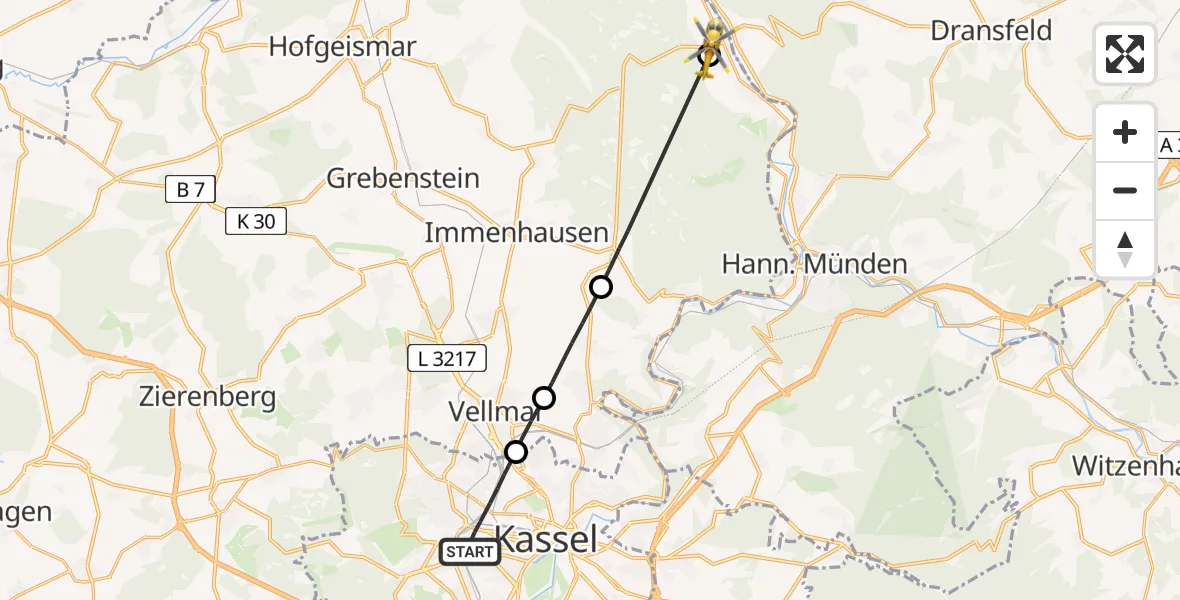 Flugroute Rettungshubschrauber Kassel - Reinhardshagen, 01 Juli 2026, 18:47