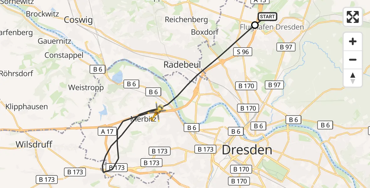 Flugroute Rettungshubschrauber Dresden Flughafen - Dresden, 01 Juli 2026, 18:57
