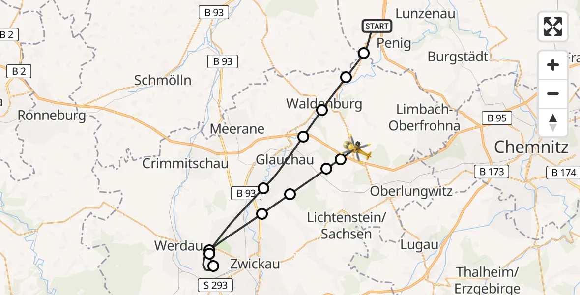 Flugroute Rettungshubschrauber Penig - Callenberg, 01 Juli 2026, 18:59