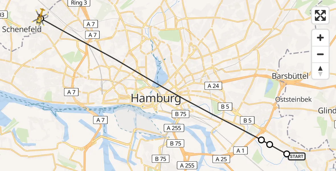 Flugroute Ambulanzhubschrauber Christoph Hansa ADAC Hubschrauberlandeplatz - Schenefeld, 01 Juli 2026, 19:00