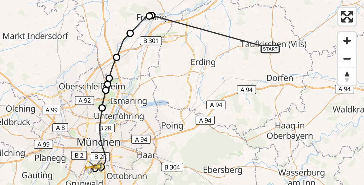 Flugroute Rettungshubschrauber Taufkirchen (Vils) - ADAC Air Rescue Center Hubschrauberlandeplatz (Christoph 1), 01 Juli 2026, 19:02