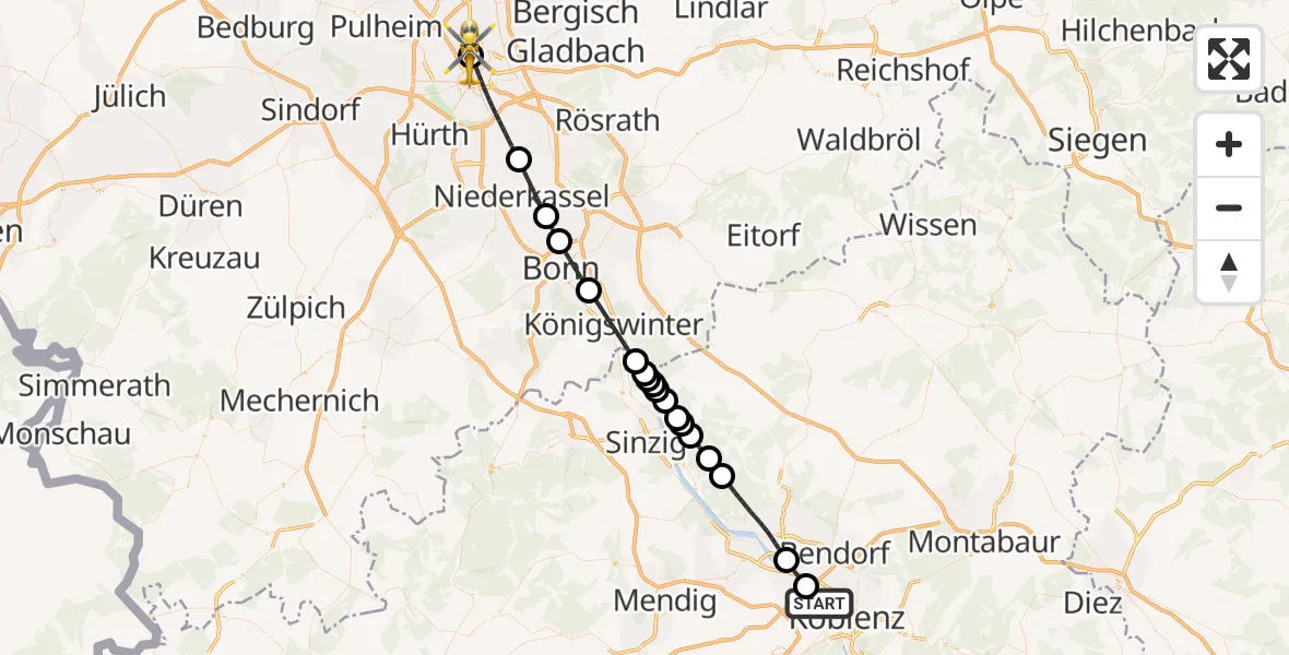 Flugroute Rettungshubschrauber Koblenz - Sankt Vinzenz Hospital, 01 Juli 2026, 19:09
