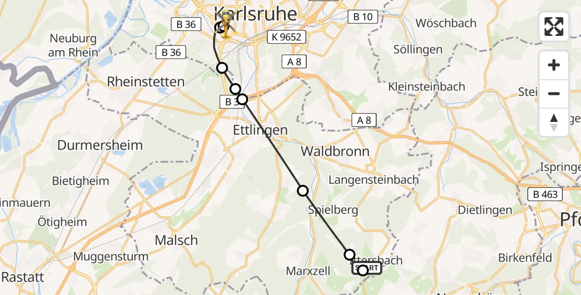 Flugroute Ambulanzhubschrauber Karlsbad - Sankt Vincentius Hospital, 01 Juli 2026, 19:09